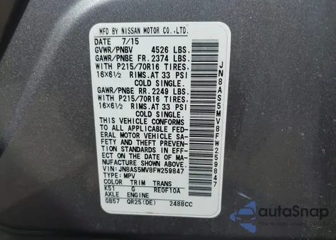 2015 Nissan Rogue Select S z USA, uszkodzony, nr VIN JN8AS5MV8FW259847